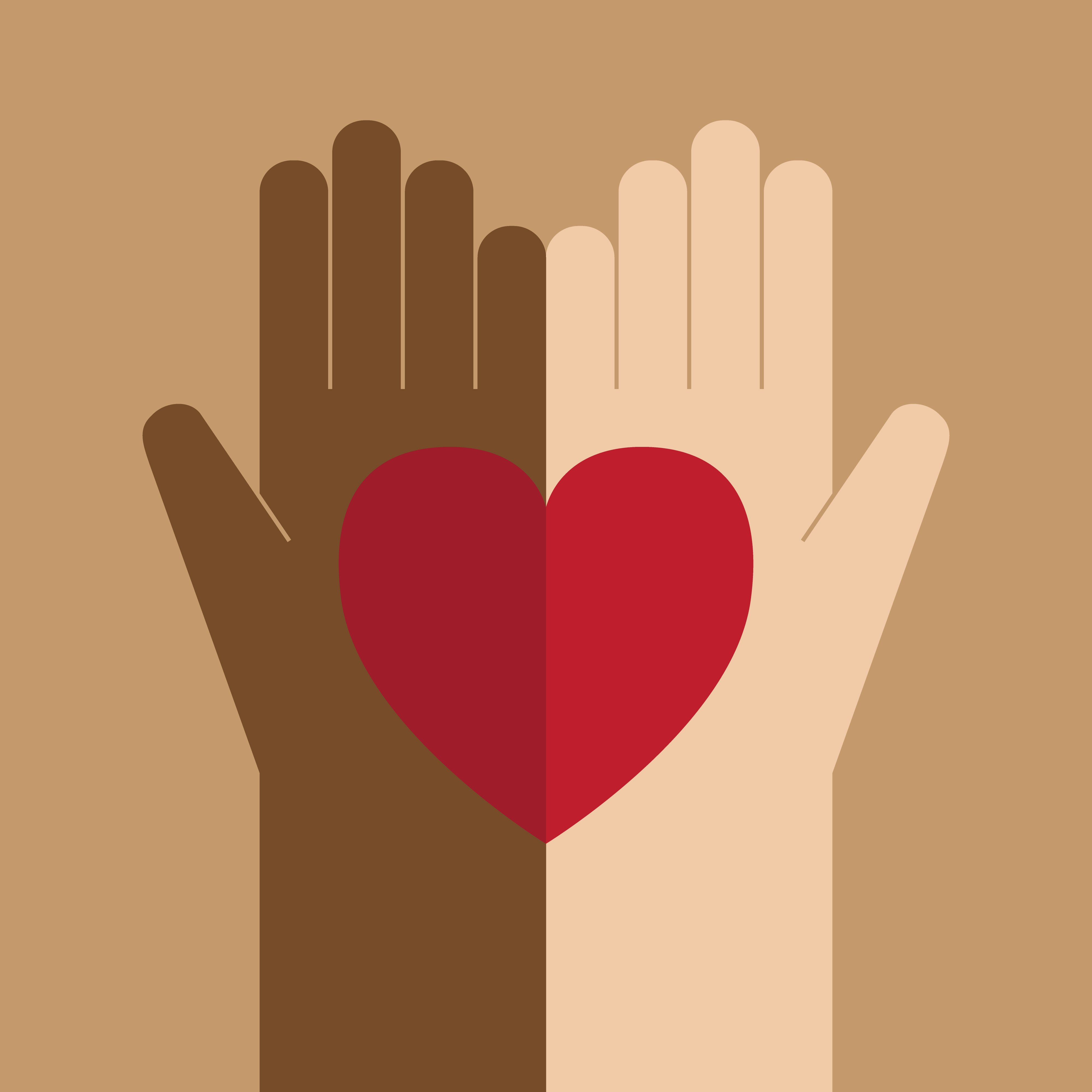 Image of brown and white hand next to each other with a heart in the middle