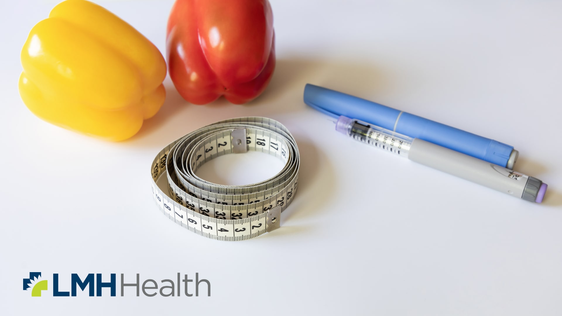 Image of peppers, measuring tape, injectable medication and LMH Health logo